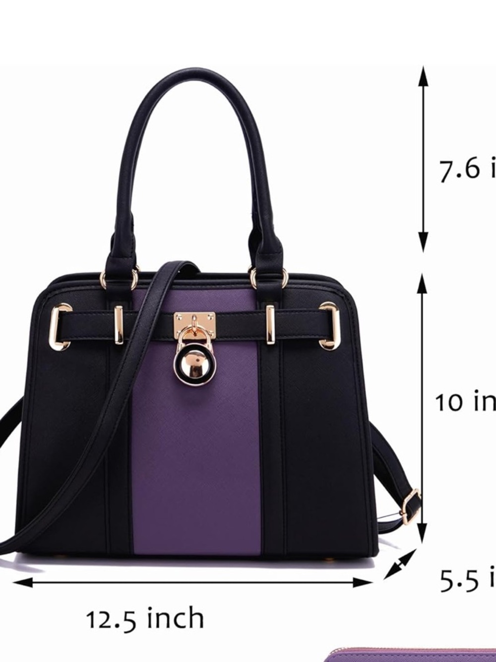 Q1YUER Black & Purple Structured Satchel Handbag Gold Lock Crossbody - Picture 4 of 5
